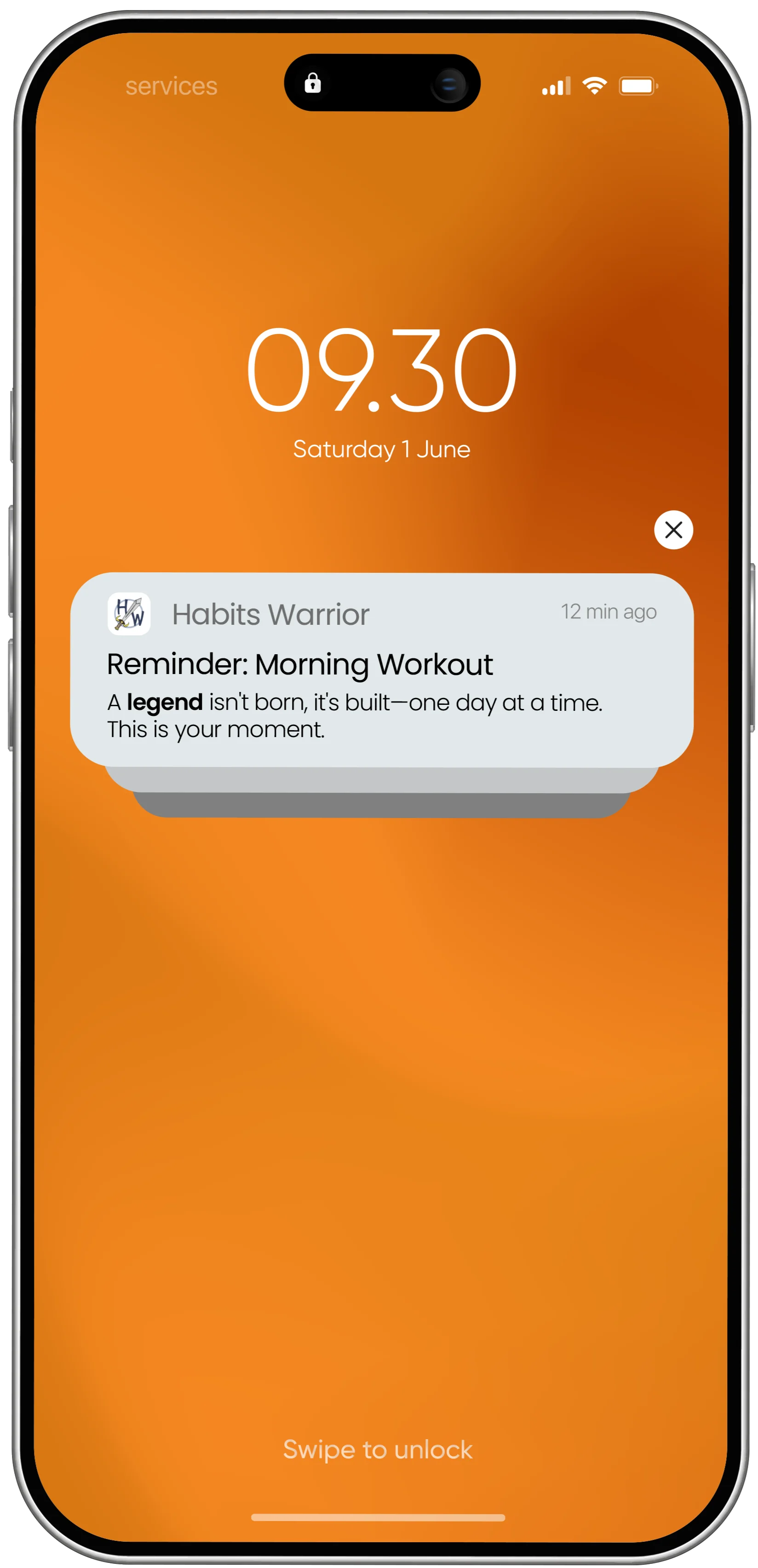 A phone mockup showing a supportive reminder notification